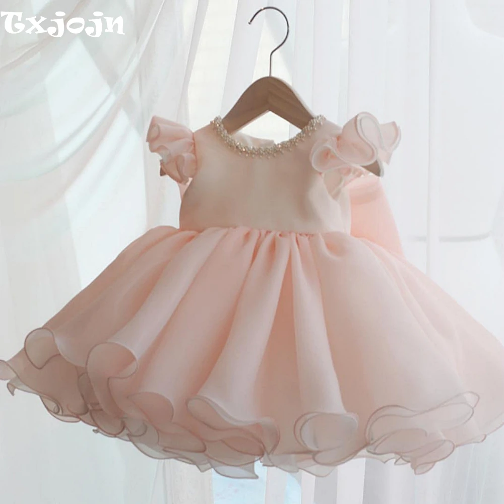 Puffy Tulle Bow Ball Gown For Kids Birthday Party Shiny Pearls O-neck Girls Dresses Wedding Party Guest Clothes Customized 2025