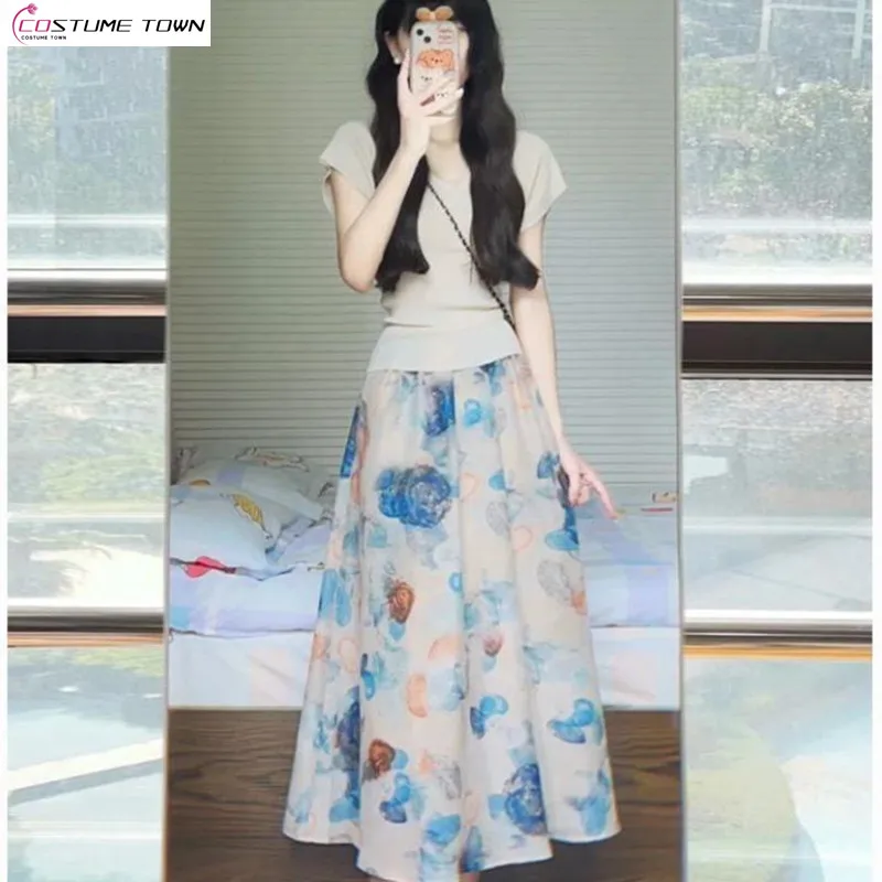 Summer Fashion Versatile Charm Goddess Style High end Celebrity Small Fragrant Top Fragmented Flower Half Skirt Two Piece Set