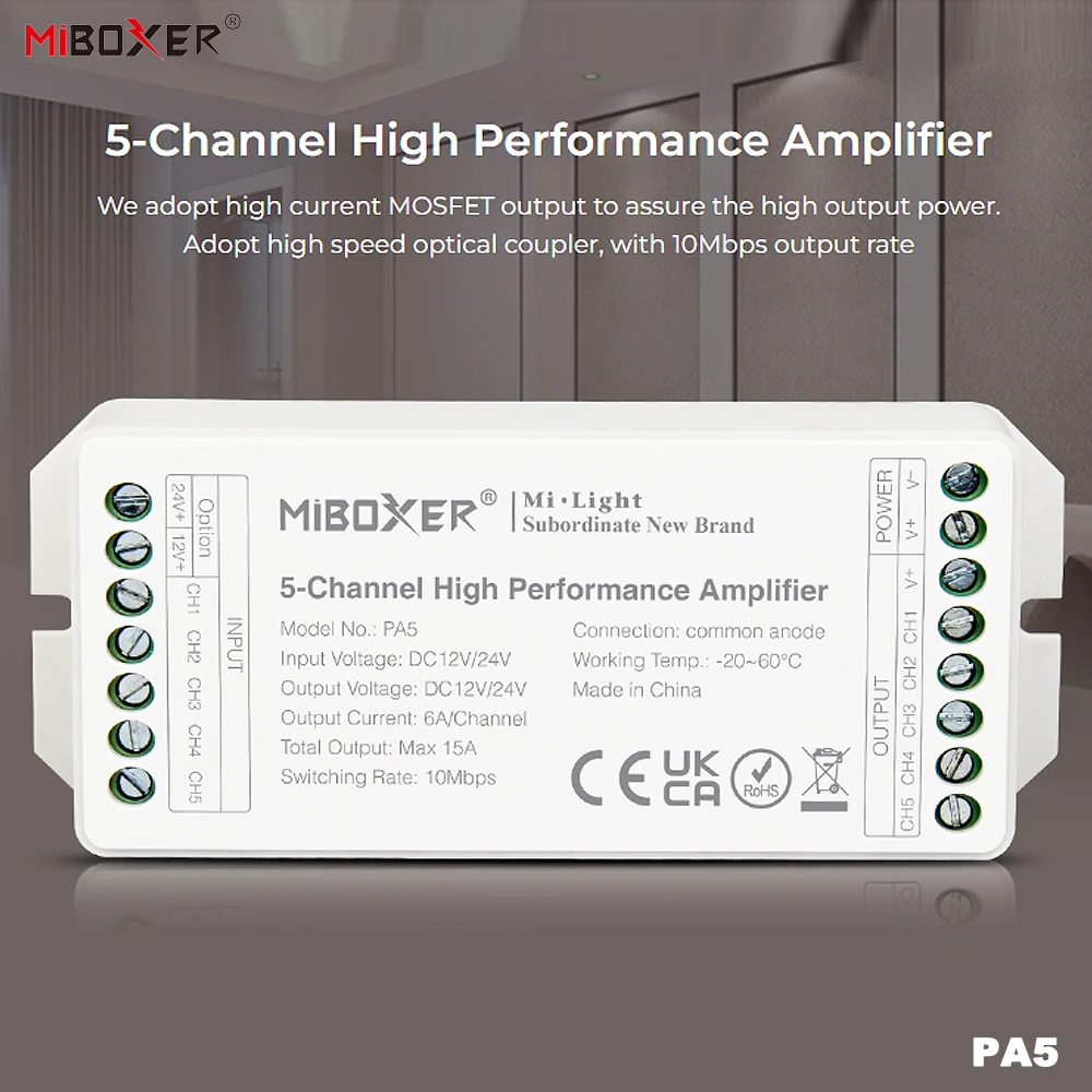 Miboxer PA5 DC12-24V 5-Channel 15A Constant Voltage PWM Dimming Signal Amplifier Power Repeater For RGBCCT LED strip controller