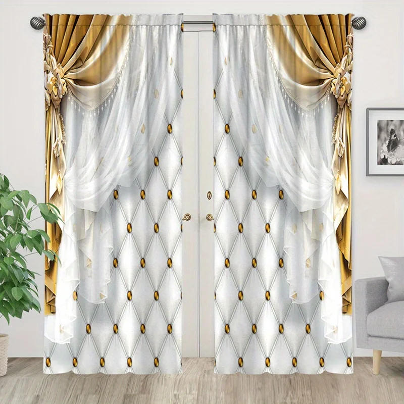 2pcs Elegant Golden Flower Pattern Curtain for Home Decor Window Treatment for Bedroom, Office, Kitchen, Living Room, and Study