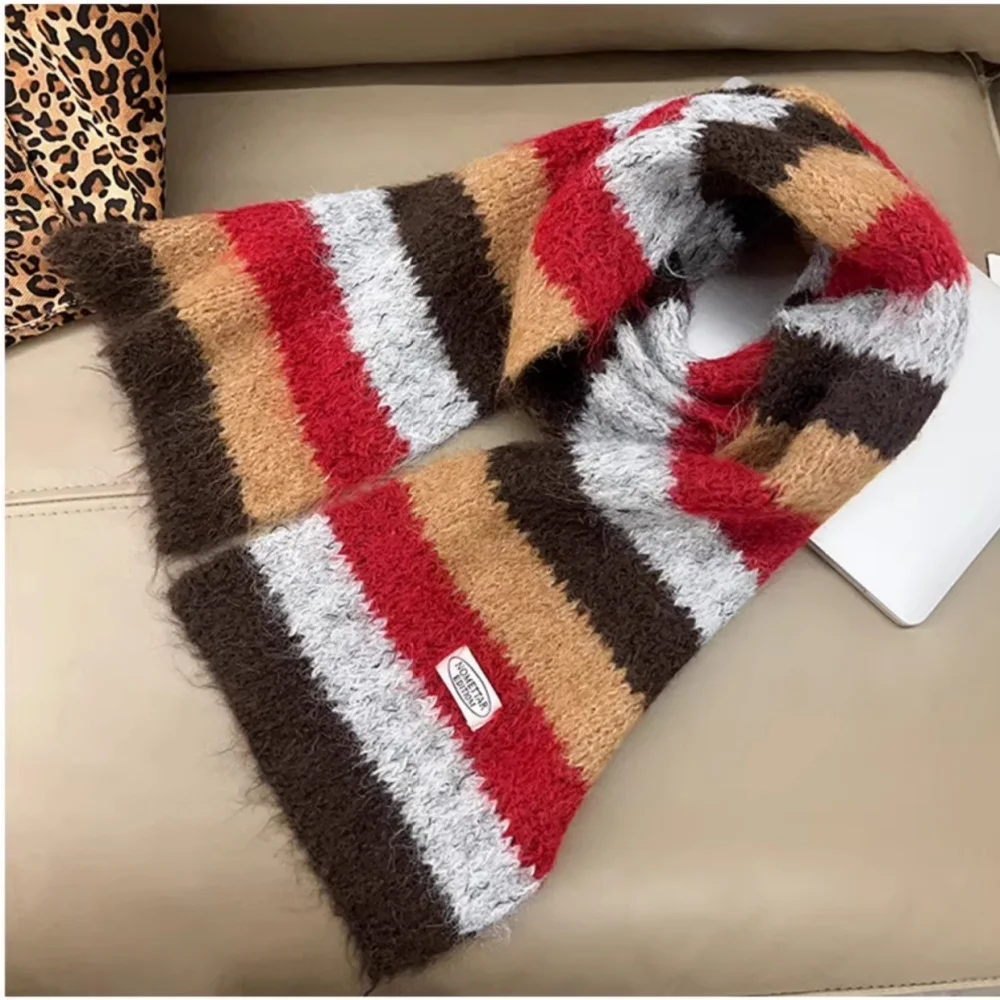 Striped Contrast Color Scarf With Wool Knitted Autumn and Winter Warm Versatile Woolen Scarf Neck Warmer Neckerchief Versatile