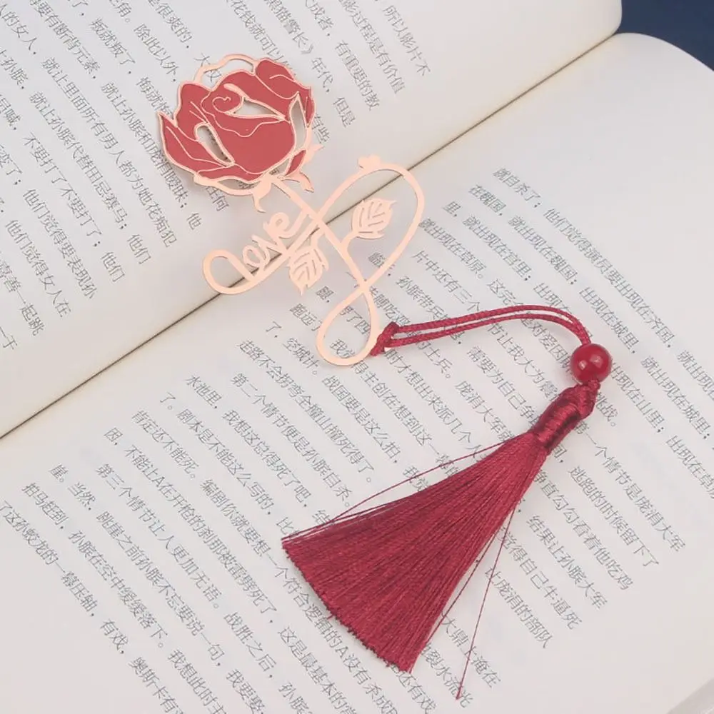 Exquisite Metal Hollow Bookmark Hollow Rose Gold Tassel Bookmark Good Wishes Chinese Style Book Page Pagination