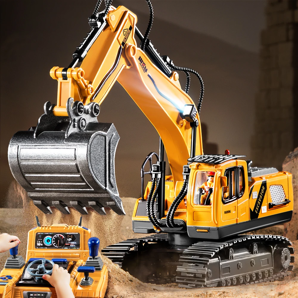 12-15 Channel Remote Controlled Excavators Toy for Boy 2.4GHz RC Car Model With lights and Spray Diecast Crane 3 Years Old Kids