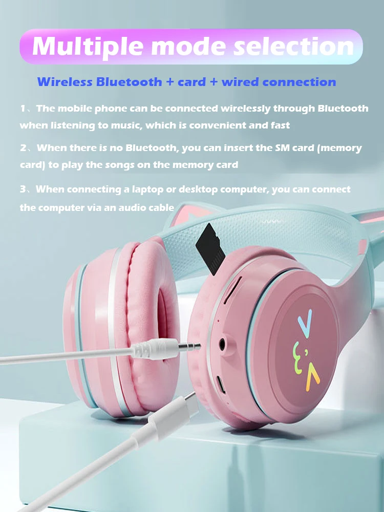 Cute Cat's Ear Bluetooth Headsets Gradient Color Wireless Headphones Mic Foldable Gaming Supports TF Card Noise Cancel Earphone image 5