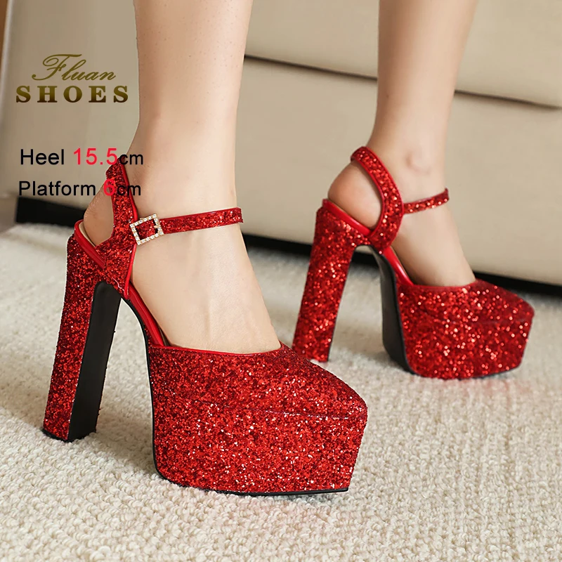 

Thick Bottom Luxury Sequin 15.5CM High Heel Sandals For Women Summer Fashion Pointed Party Shoes Model Catwalk Show Sandals CD