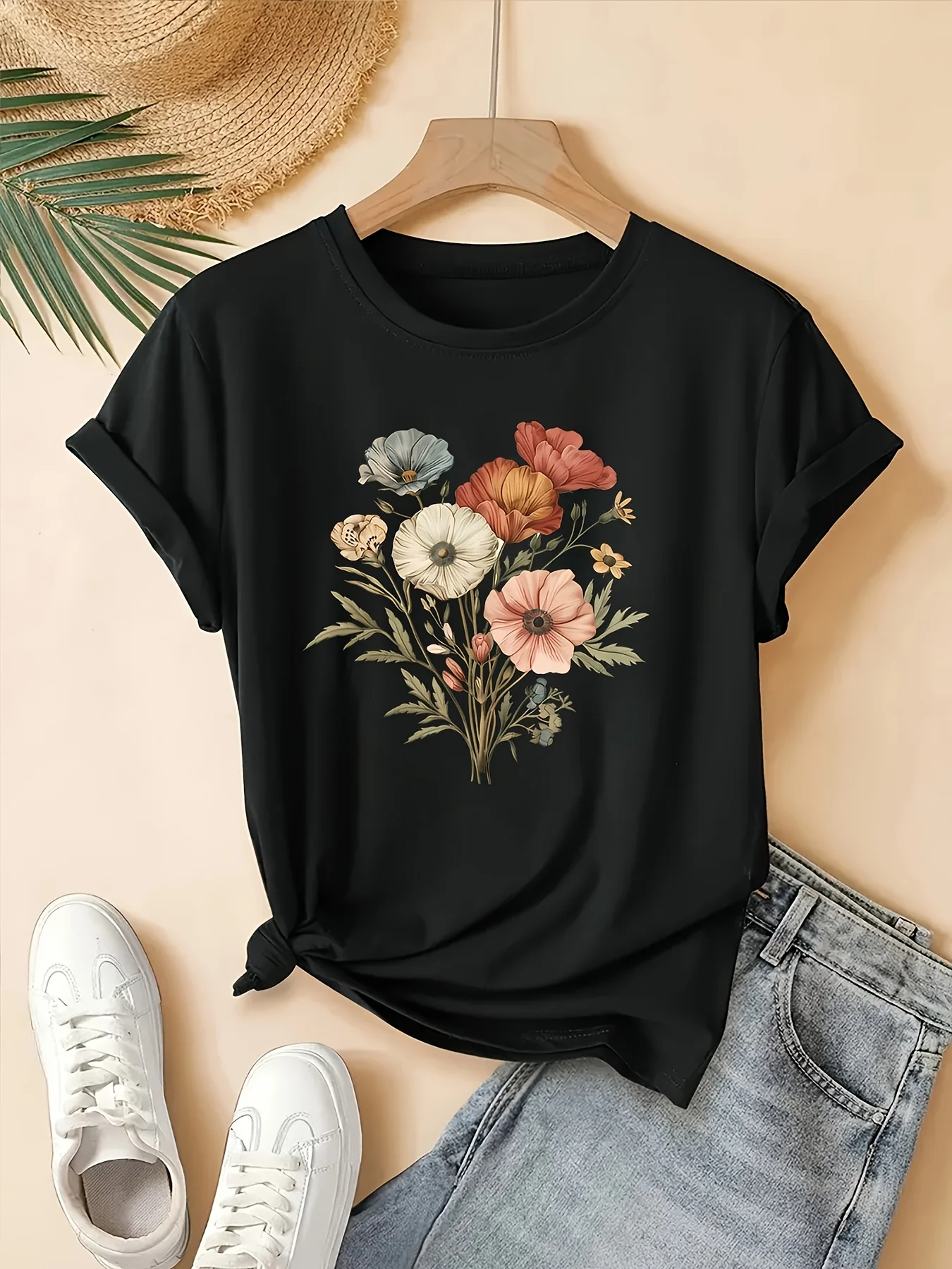 [Floral Fashion Tee] Breathable Polyester Women's Casual Fashion T-Shirt - Crew Neck Short Sleeve Colorful Floral Prin Machine image 4