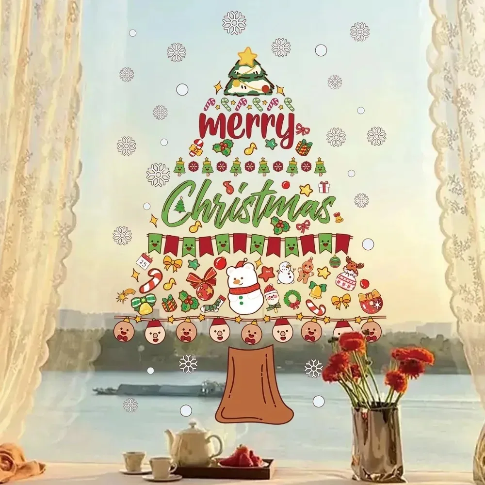 Christmas Static Window Stickers, Reusable Xmas Tree Window Clings, Holiday Glass Decals for Home Party Decorations