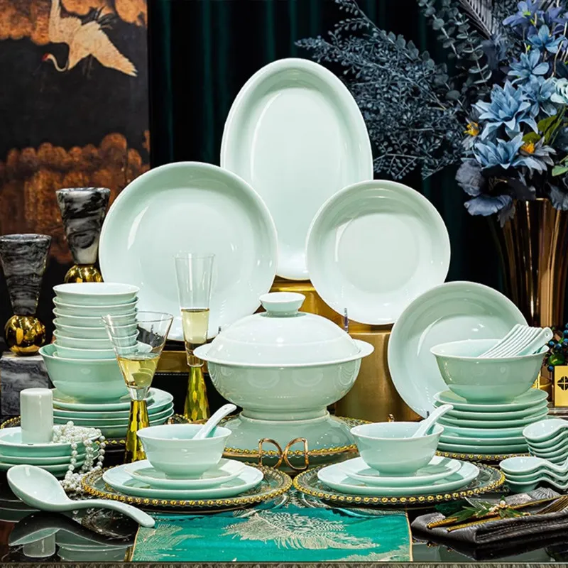Celadon tableware housewarming gift-giving underglaze colored bowls, plates and plates set, household high-end sense