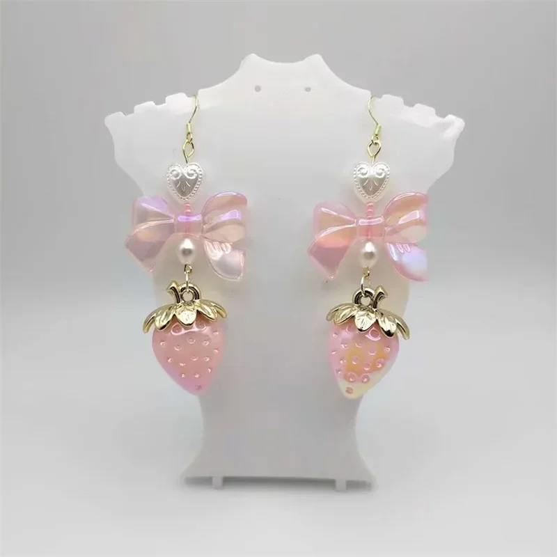 Pastel strawberry coquette cottagecore bow earrings pearl heart milky