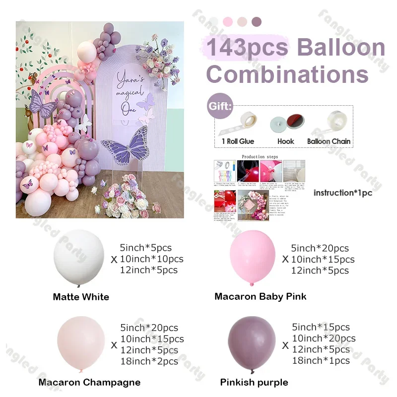 143pcs Pastel Balloons Garland Kit White Purple Pink Decorative Balloons for Party Baby Shower Girl Birthday Gender Reveal Decor