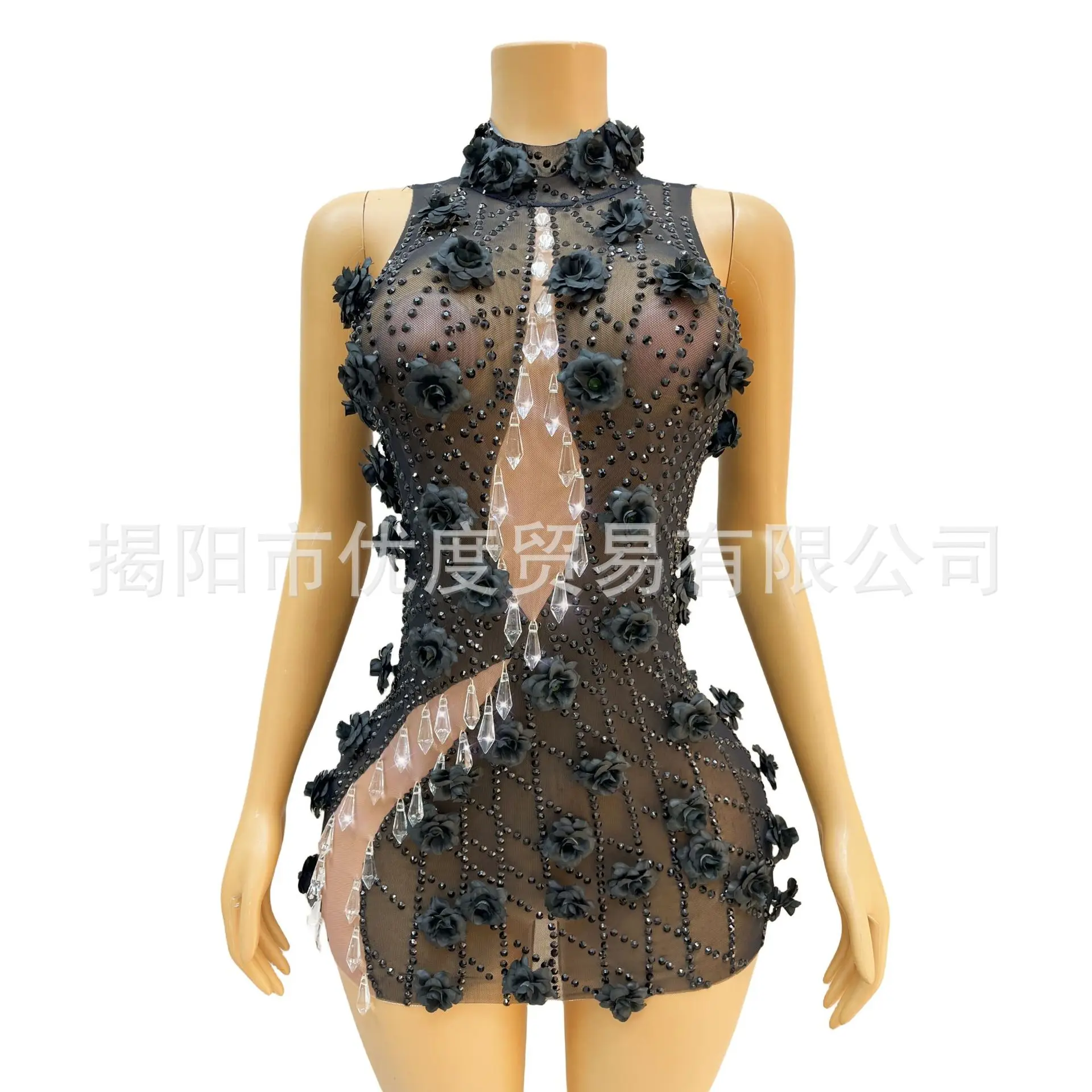 Three-dimensional Flower Rhinestone Crystal Performance Suit Perspective Short Skirt Suit Stage Performance Suit Shining Dress