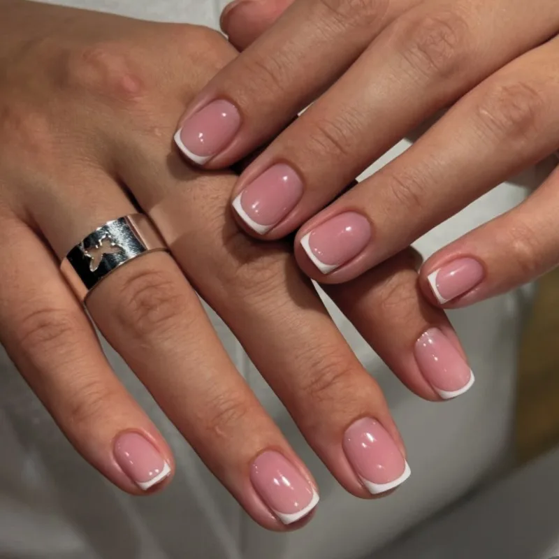 

24 Pcs French White Artificial Nail Tips Square Realistic Press on Nails for Girls Simple False Nails with Glue Removable 2025