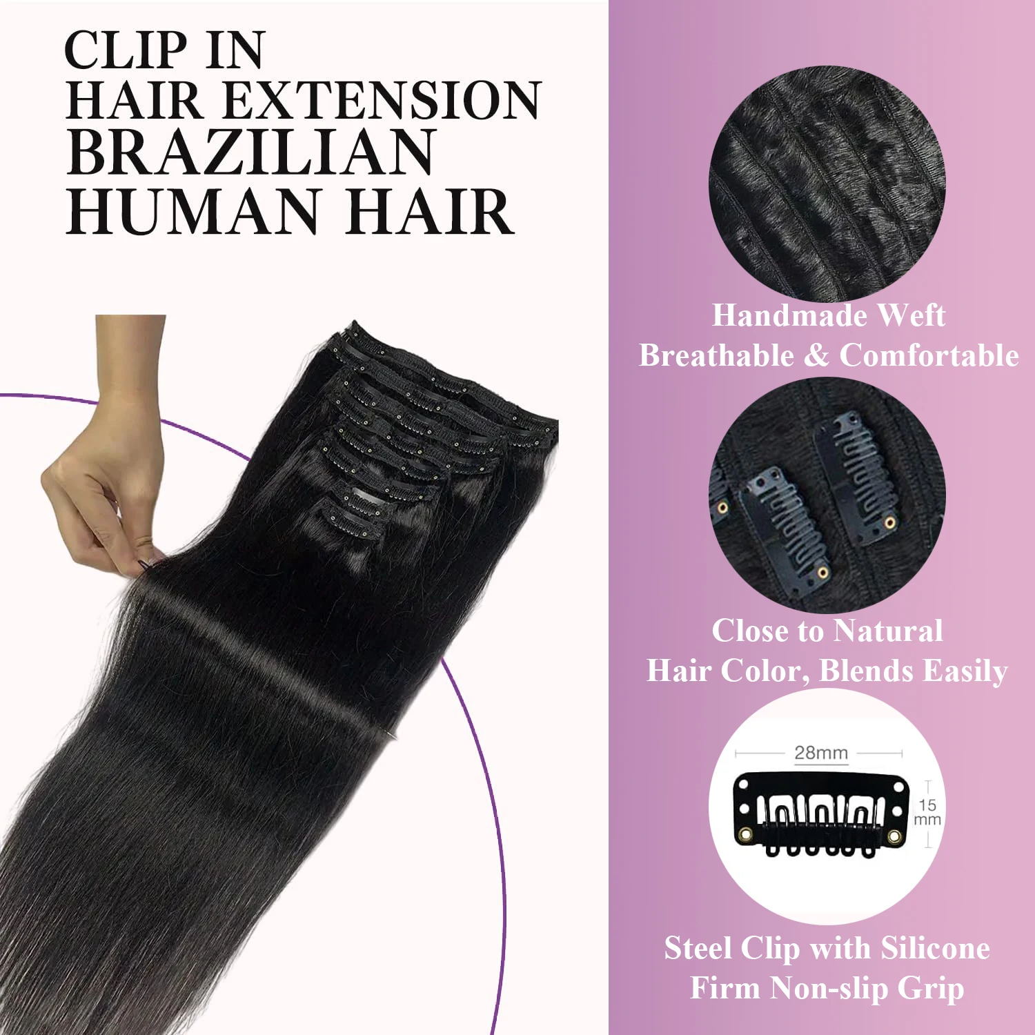 Clip Ins Seamless Clip In Hair Extensions Straight Human Hair Natural Black 8Pcs Brazilian Remy Hair Extensions 240G For Women