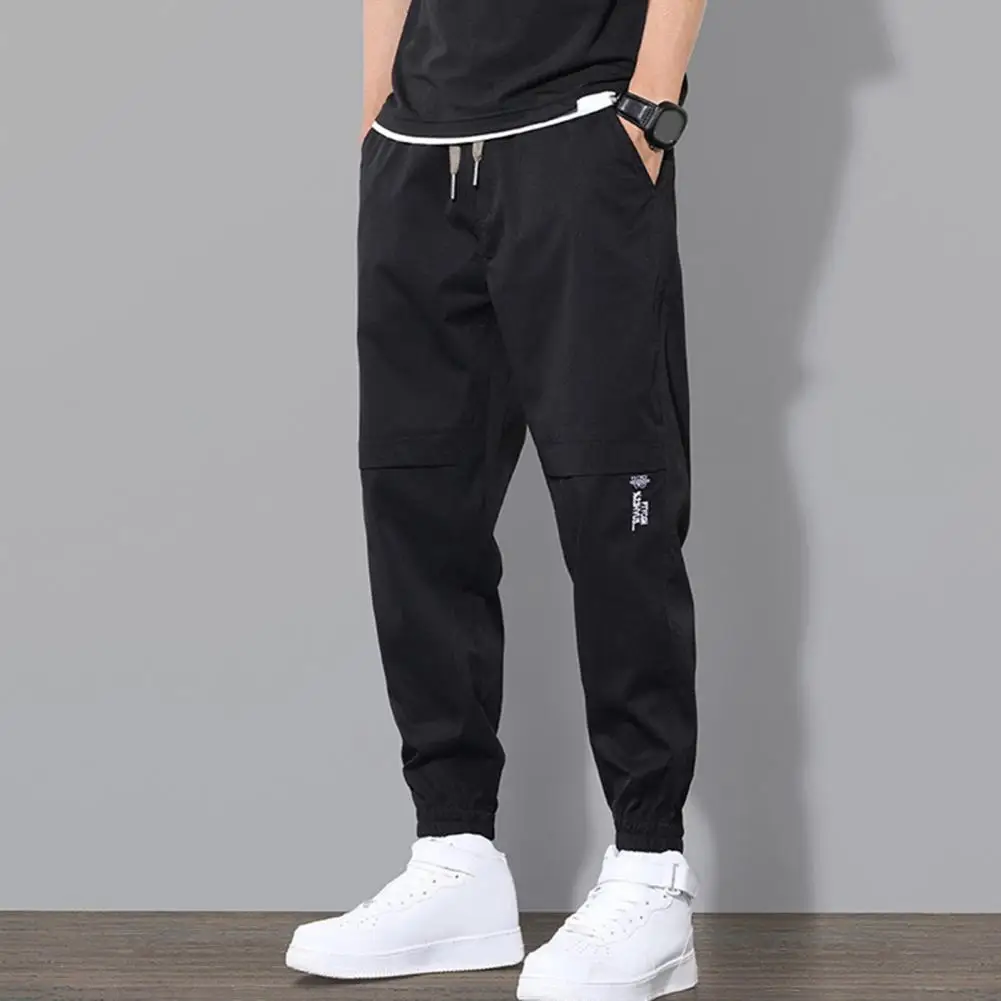 Elastic Waist Trousers Men's Multi-pocket Cargo Pants with Drawstring Waist Ankle-banded Design for Gym Outdoor Activities Daily