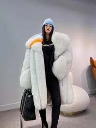 Winter Thicken Contrast Color Real Fur Coat Women Luxury Casual Fashion Outertwear Lapel Loose White Genuine Fur Jacket Female