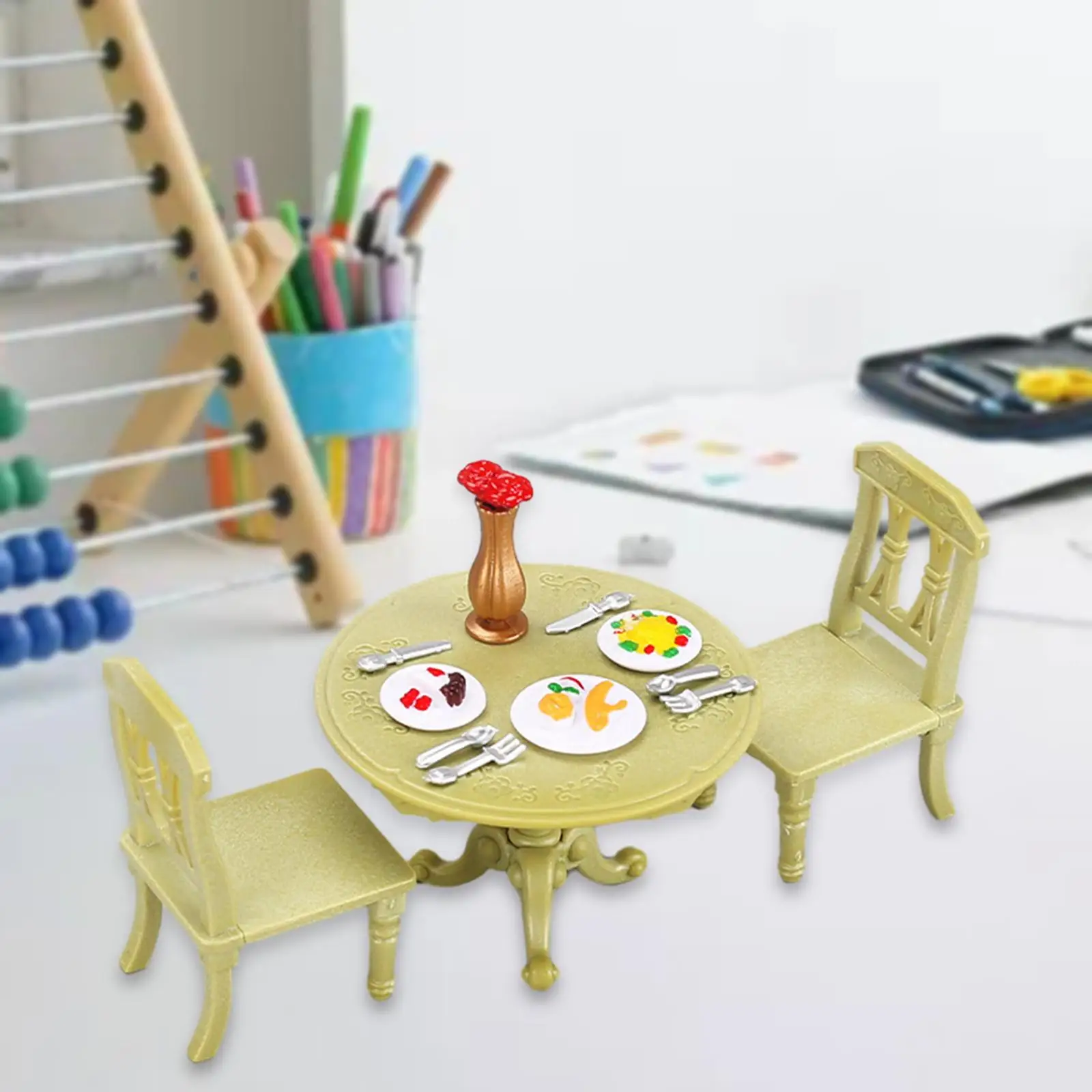 1:12 Scale Table Chair Food Set Dollhouse Kitchen Furniture Kitchen Dinner Toys Miniature Pretend Play Decoration Accessory