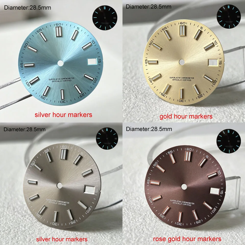 28.5mm S logo nh35 dial olive green blue gray sunburst dial for nh35 movement blue lumen hands nh35 date_just s dial watchmods