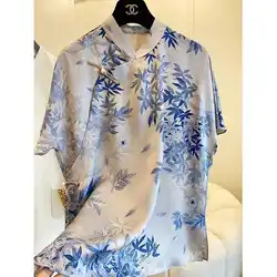 2024 New Summer Chinese Style Fashion Minimalist Loose Chiffon Blouses Short Sleeved Stand Up Collar Printed Women's Shirt Top