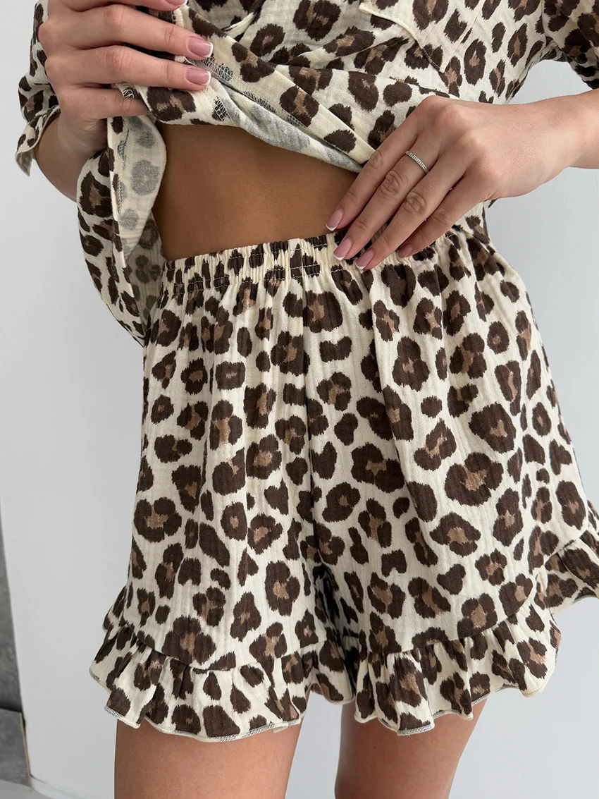 Marthaqiqi Leopard Print Ladies Nightgowns Suit Turn-Down Collar Pajama Half Sleeve Sleepwear Shorts Casual Female Nightwear Set