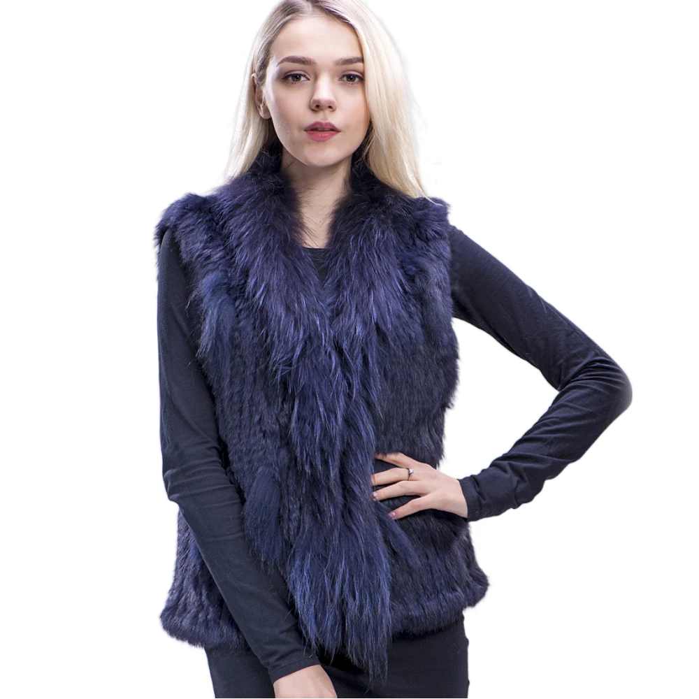 ZDFURS* Free shipping womens natural real  rabbit fur vest  with raccoon fur collar  waistcoat/jackets rabbit knitted winter