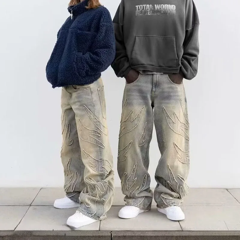 الخريف الكورية الرجعية الرجال الجينز مع الخفافيش نمط التطريز فضفاض الجينز الشارع موضة عادية مستقيم الساق السراويل #1