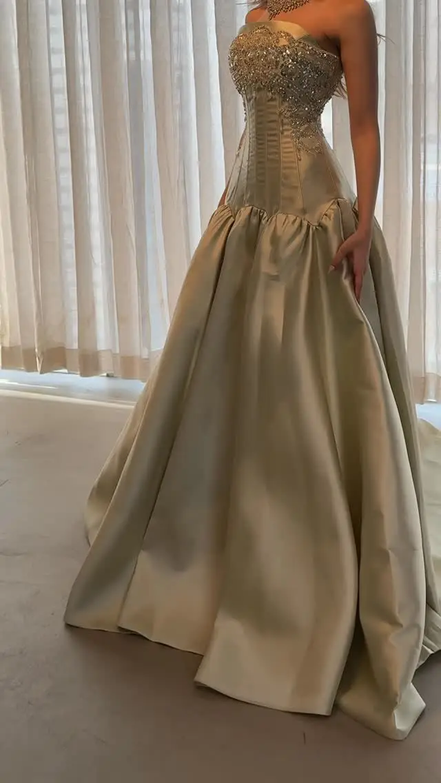 Sansa Customized 2026 Elegant Champagne Gold Strapless Prom Dresses Beaded Corset Satin Ball Gown Formal Evening Gowns Vestidos