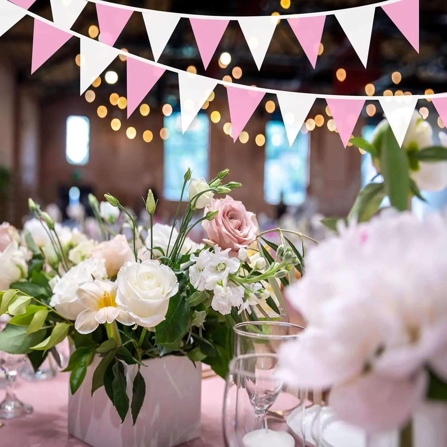 10M Pink and White Pennant Banner Flags String Triangle Bunting Flag,Party Decorations for Wedding,Home Outdoor Garden