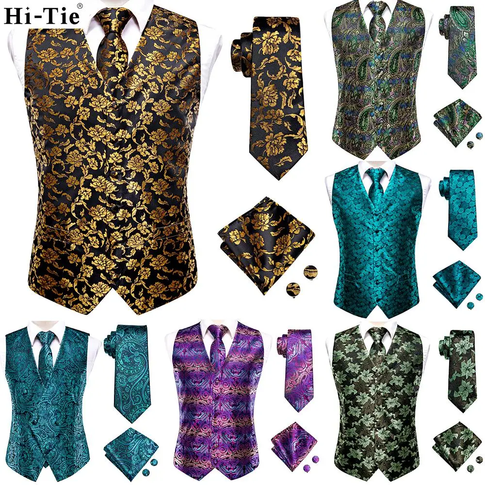 Hi-Tie Black Gold Floral Silk Dress Vest Set For Men Dark Blue Jacquard Men\'s Suit Vest Male Waistcoat For Wedding Formal Jacket