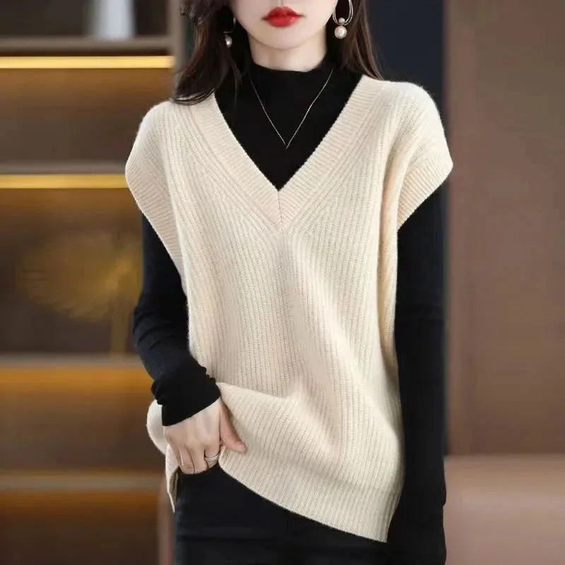 2026 Women's Knitted Sweater Vest Autumn Winter Casual Loose V-Neck Outerwears Waistcoa Versatile Sleeveless Jumpers Sweaters