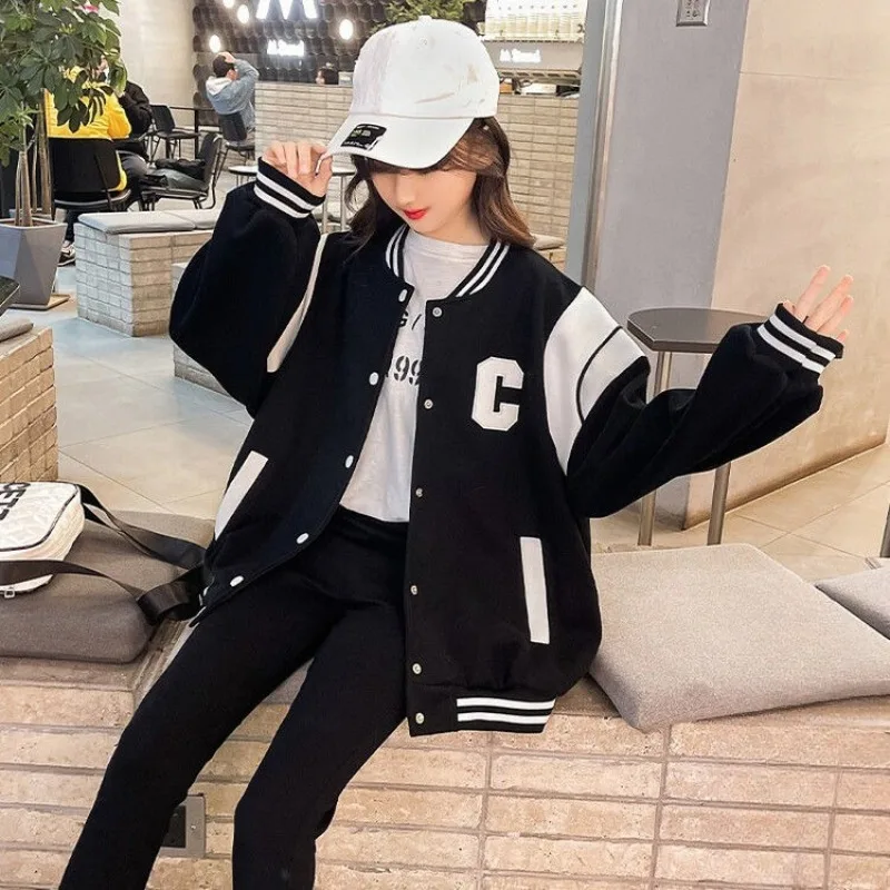 

2025 зимняя новая хлопковая бейсбольная куртка большого размера для девочек, стильная универсальная куртка на флисовой подкладке для больших детей