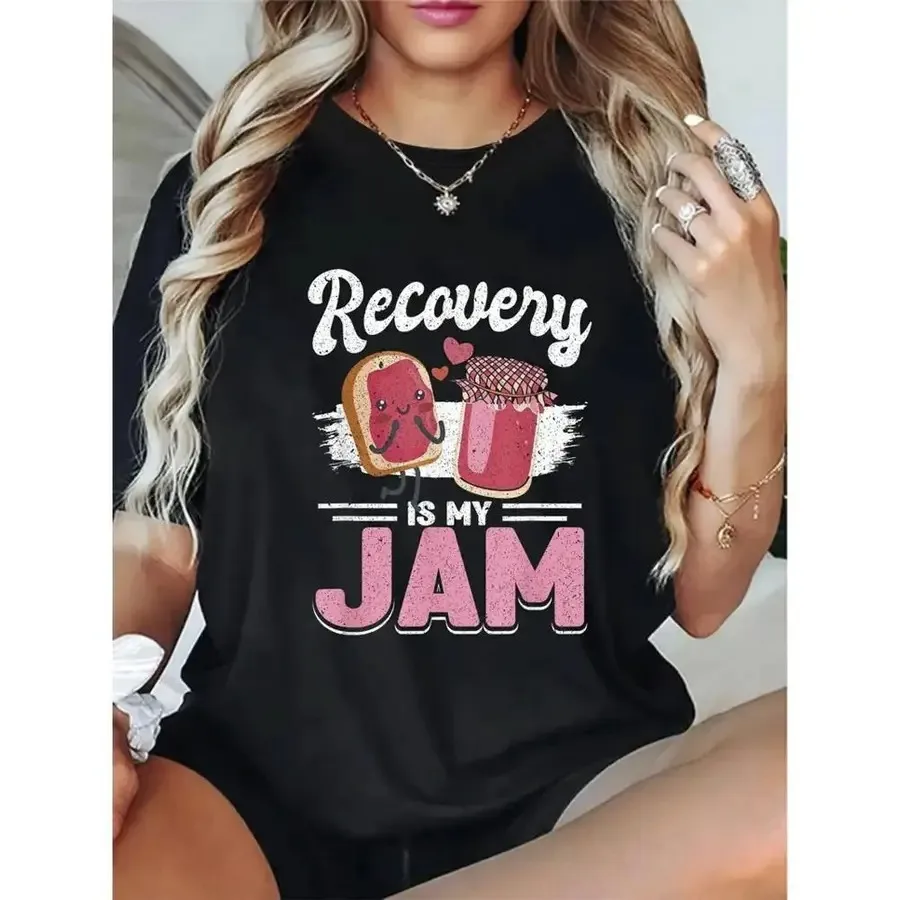 【Nuevo estilo】Camiseta gráfica 100% con estampado de "It's My Jam" para mujer de talla grande - Estampado divertido de mantequilla de cacahuete y mermelada, microelástica y ajustada