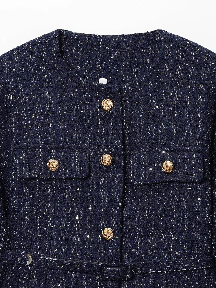 Veste à paillettes pour femmes, style européen et américain, nouveau tempérament décontracté, simple, col rond, manches longues, avec ceinture, automne