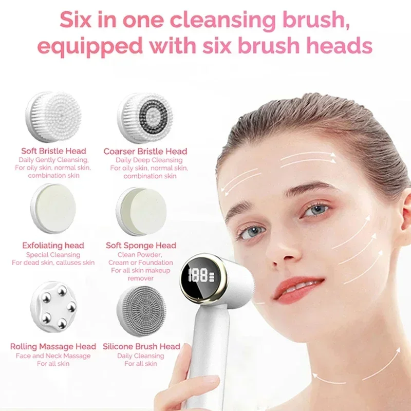 Brosse de nettoyage électrique 6 en 1, nettoyeur Facial ultrasonique, nettoyage rotatif du visage, nettoyage en profondeur, Exfoliation et soins de la peau doux
