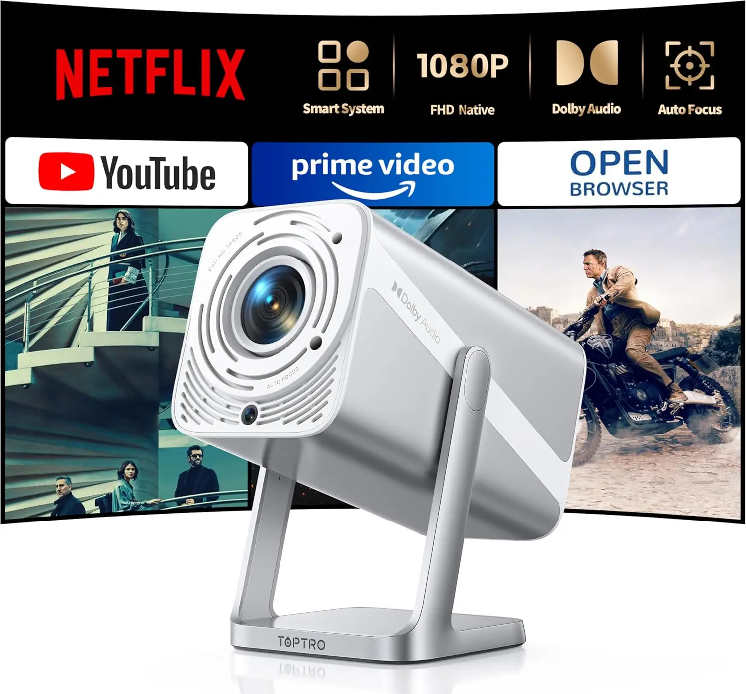 

4K Smart Projector with WiFi 6 & Bluetooth 5.2, Native 1080P Portable Home Theater, Dolby Audio, Auto Focus