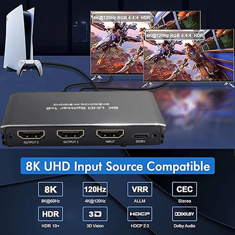 Divisor HDMI 8K 60Hz 1 em 2 saídas 4K 120Hz 1x2 Suporte Visão ALLM HDR UHD VRR para PS5/4 XBox para TV