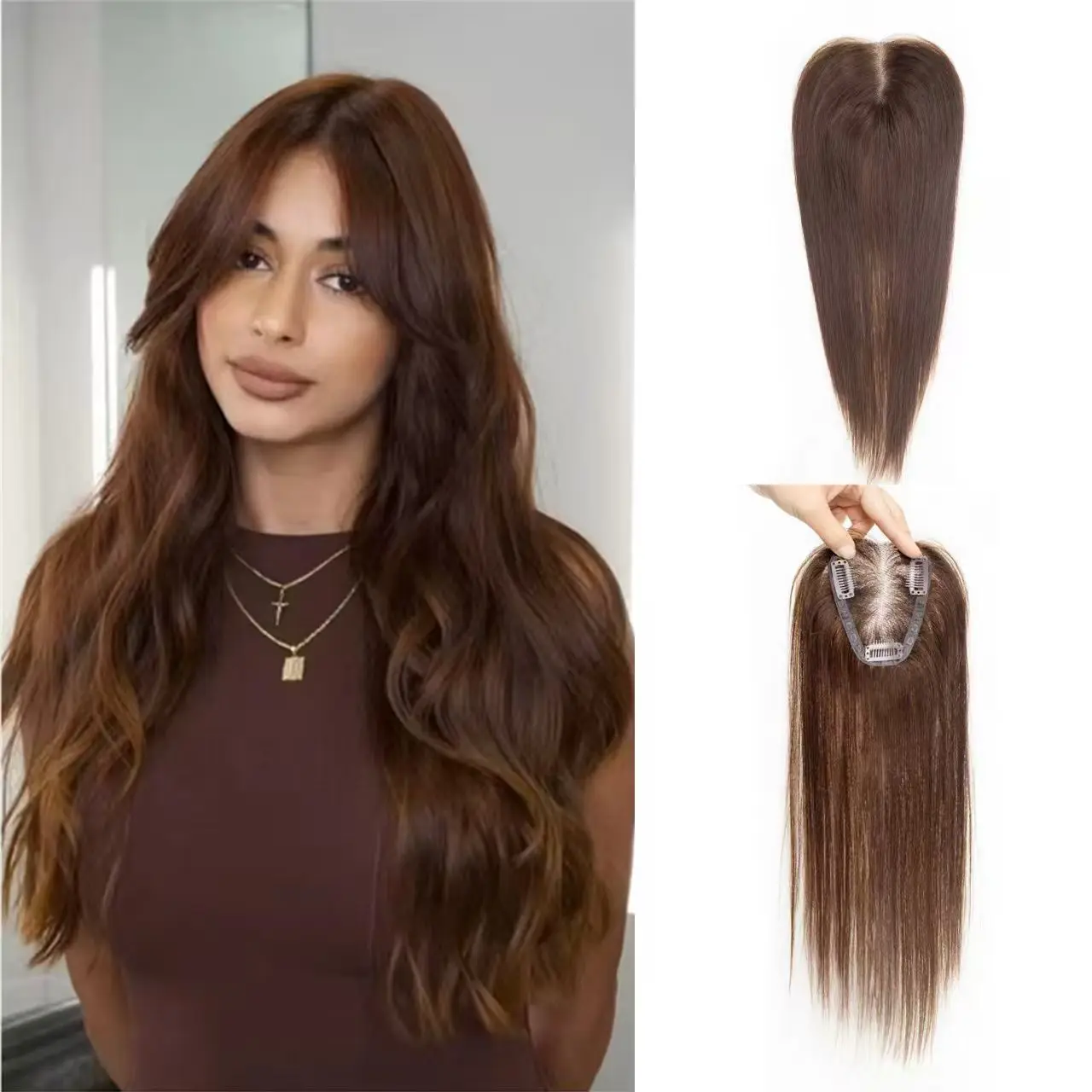 

Дышащая основа для маскировки седых и редеющих волос. Накладки из натуральных человеческих волос для женщин, на клипсах, 4 шт., темно-коричневый.