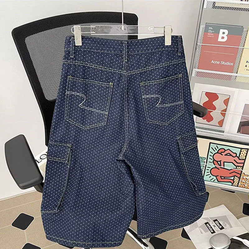 Summer Polka Dot Denim Capri Pants American Casual Fashion Retro Loose Workwear Style Big Pocket Men's Vintage Blue Shorts