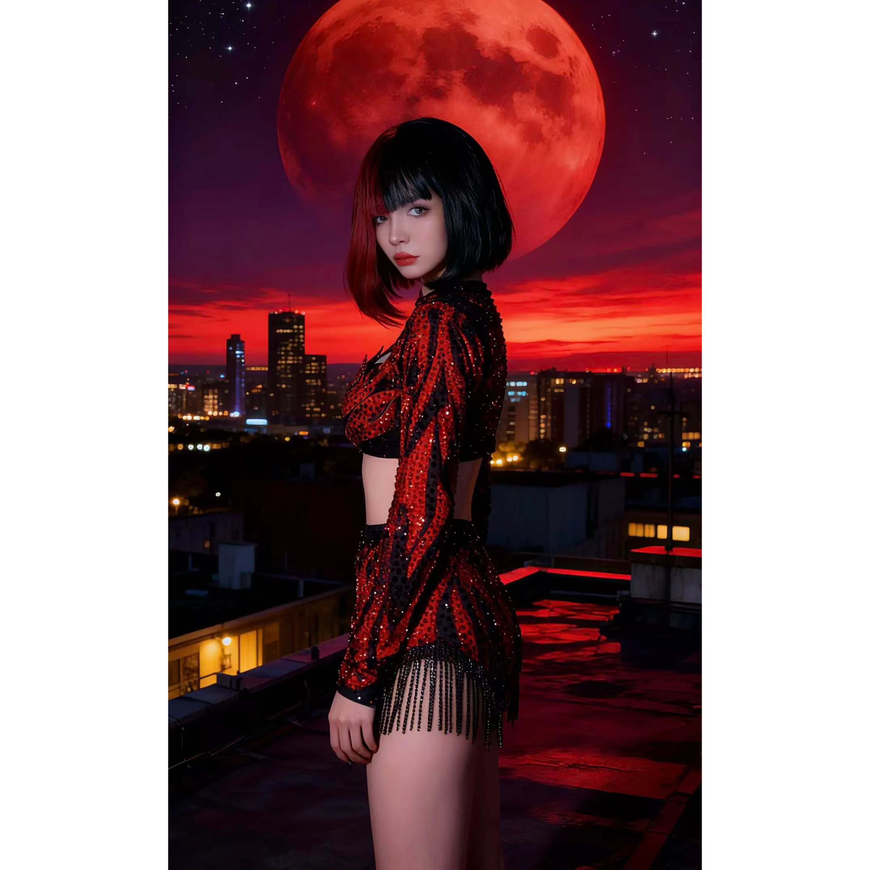 ชุดแสดงโกโก้ ปี 2025 สีแดง แต่งพู่ห้อย ชุดสูทสำหรับไนต์คลับ บาร์ ดีเจ ปาร์ตี้ ชุดเต้นแจ๊ส แดร็กควีน ชุดแสดงบนเวที รุ่น DN22385