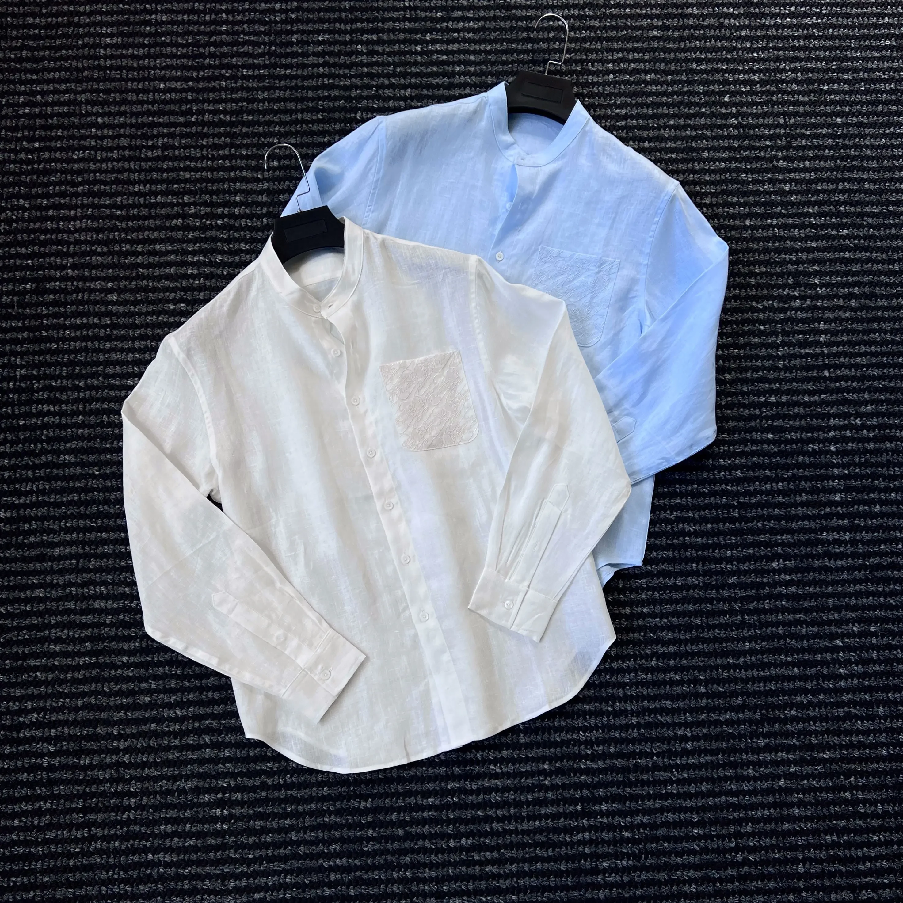 Summer high-end 10,000-needle embroidered stand-up collar 100 linen shirt men's and gentlemen's old money breathable shirt