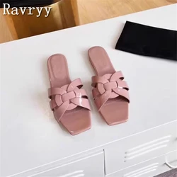 Women Open Toe Candy Color Summer Slippers Genuine Leather Buckle Knot Flat Bottom Mules Casual Outside Beach Slippers