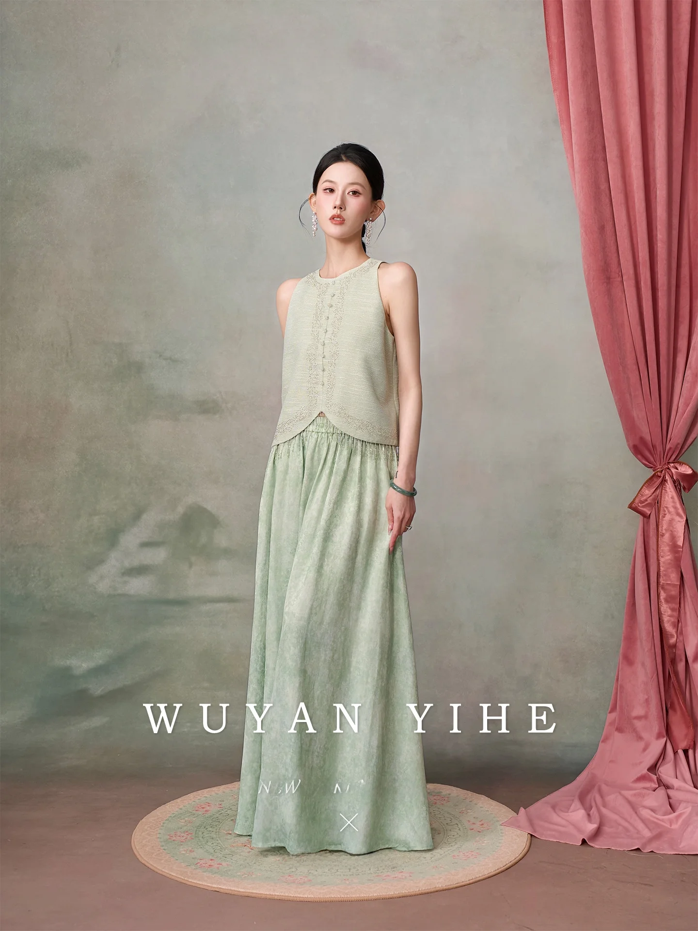 

Original Texture A-Line Sleeveless Embroidered Tassel Top Silk-Mixed Half Skirt by Wu Yan He for Women Casual Wear