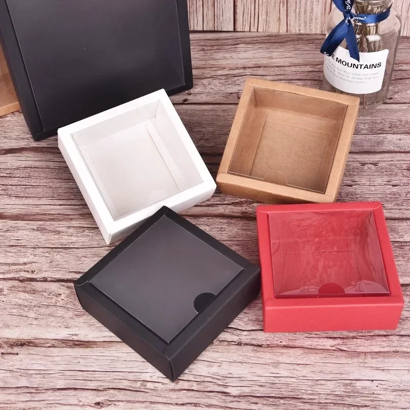 10pcs Clear Kraft Paper Packaging Box PVC Black Frosted Cover Ass Hide Glue Cake Packing Boxes Square Lid Handmade Soap Gift Box