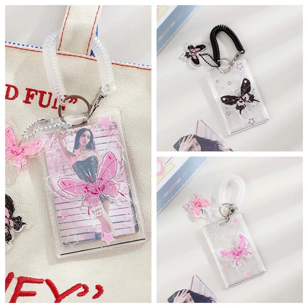 Card Sleeve Transparent Photocard Holder with Pendant ID Card Cover Butterfly Photo Protective Case Acrylic Black Pink