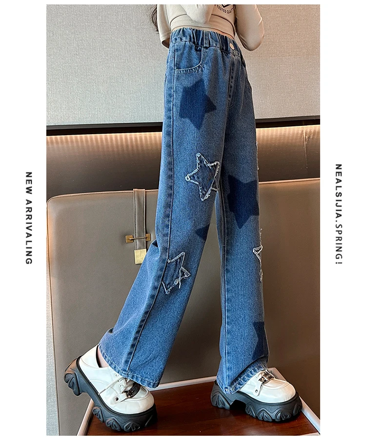 Stylische Streetwear-Jeans für Kinder mit geradem Schnitt und Sternen, modische Kleidung, Hip-Hop-Retro-Jeanshosen für Mädchen, luxuriöse Kinderhosen – Detail 7