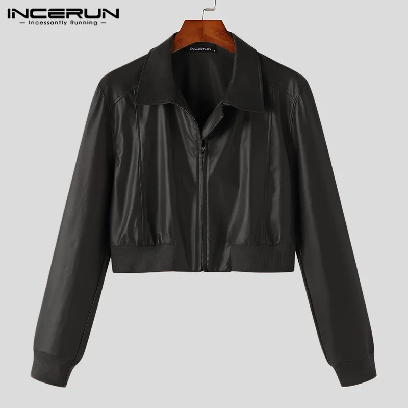 INCERUN Tops 2024 Korean Style New Men Zipper Shoulder Pad Cropped Jackets Casual Loose Solid Long Sleeved Leather Jackets S-5XL