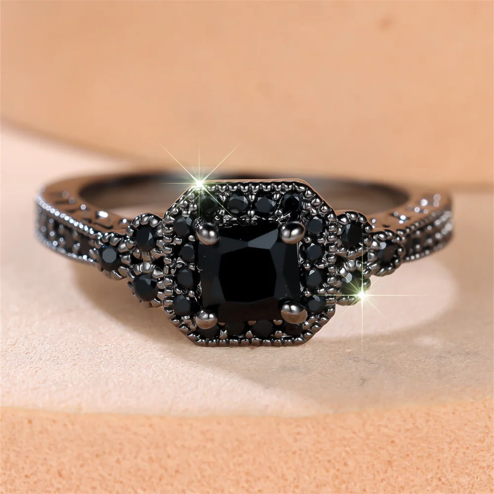 Antike quadratische Zirkon-Ringe mit schwarzem Stein für Frauen, Vintage, trendiger schwarzer Metall-Verlobungsring, Hochzeitsschmuck, Geschenke zum Muttertag