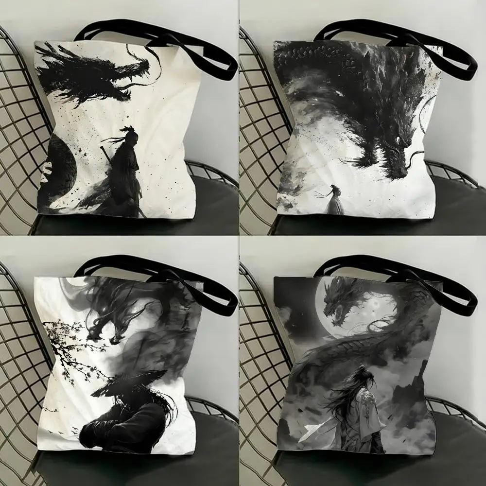 Classical Ink Style Dragon Shadow Waves Art Storage Bags Shopping Bags Series Print Bags Lightweight Shoulder Bag For Daily Use