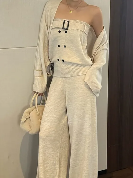 Korean Style Pure Desire Design Women's Fashion Set Autumn New Arrival  Color Open Cardigan Elegant Strap Wide Leg Pants