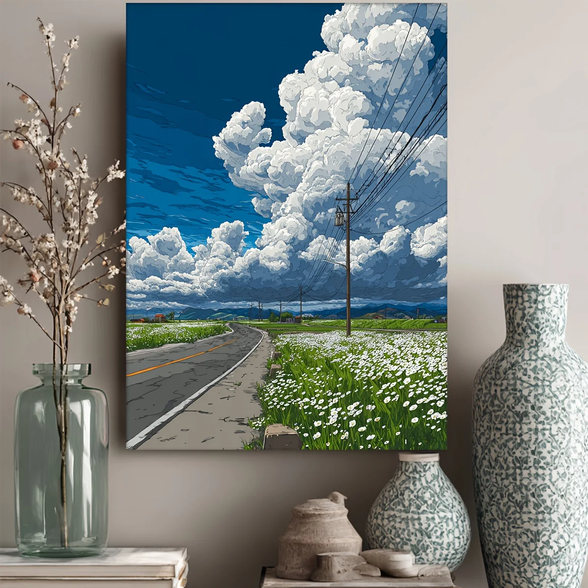 (No frame)1pc Manga Style Framed Wall Art Poster - 12x16 Inch Scenery Roadside Flower Field & Cloudy Sky Landscape, /Hook Ins