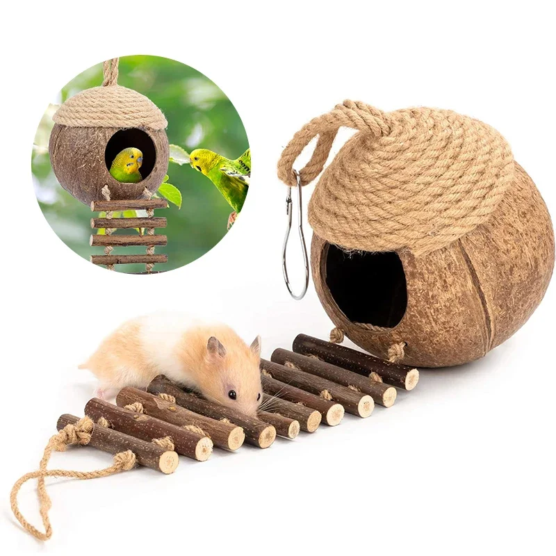 

Coconut Birdhouse Hut With Ladder Hemp Rope Roof Natural Material Firm Stable Small Animal Cage Habitat Decoration Pet Supplies